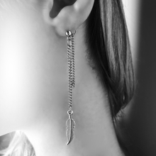 Load image into Gallery viewer, long silver feather earrings
