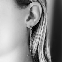 Load image into Gallery viewer, long silver cross earrings
